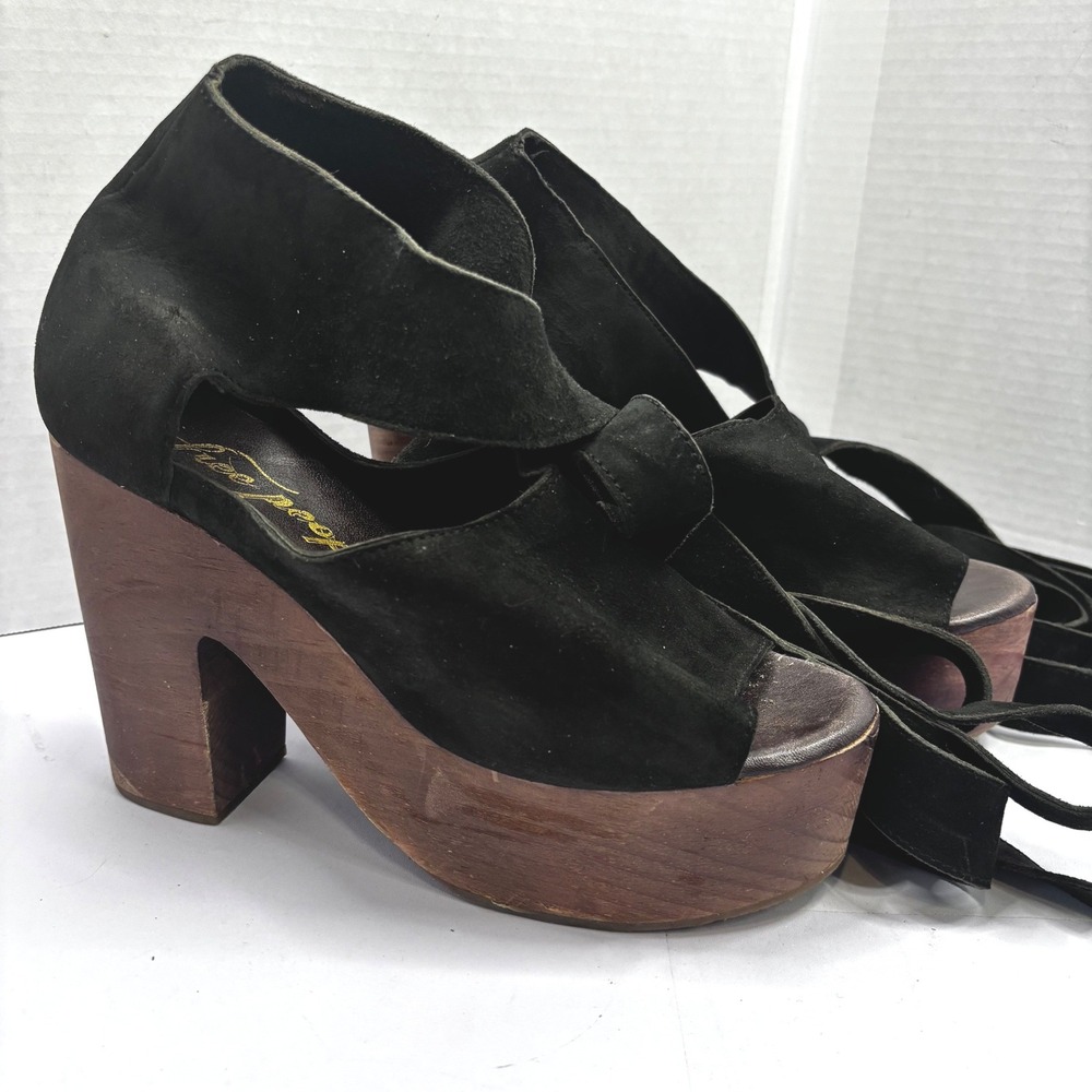 Free People Black Suede‎ Wrap Platform Wood Block Heel Sandals Size 38 India